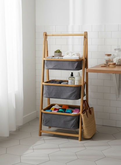High Objects 3-tier bamboo storage organizer rack with grey fabric baskets holding folded clothes, towels, and accessories.