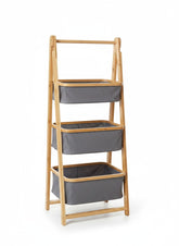 High Objects 3-tier bamboo storage organizer rack with grey fabric baskets holding towels, clothes, shoes, and bags.