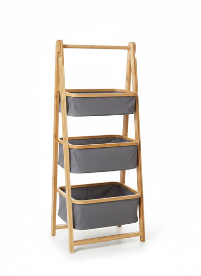 High Objects 3-tier bamboo storage organizer rack with grey fabric baskets holding towels, clothes, shoes, and bags.