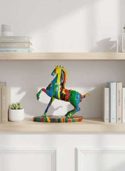 High Objects abstract horse showpiece sculpture with vibrant, dripping paint in blue, yellow, red, green, and black.