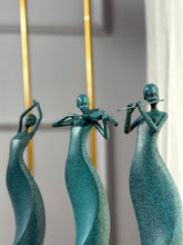 High Objects Abstract Musician Showpiece Set, textured teal polyresin figures playing violin, flute, and dancing.