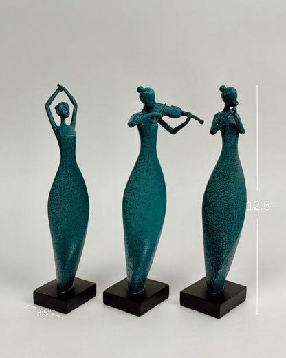 High Objects Abstract Musician Showpiece Set, textured teal polyresin figures playing violin and flute, on black bases.