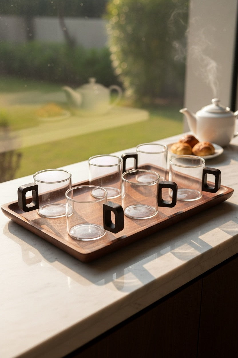 High Objects Aether Arc™ six-piece glass cup set with sculptural black handles on a wooden tray.