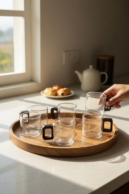 High Objects Aether Arc™ six-piece glass cup set with architectural square handles, clear borosilicate glass, minimalist design.