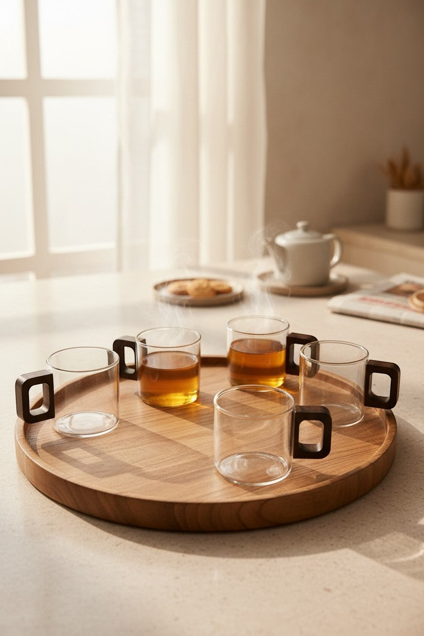 High Objects Aether Arc™ six-piece glass cup set with sculptural squared handles, perfect for tea or coffee.