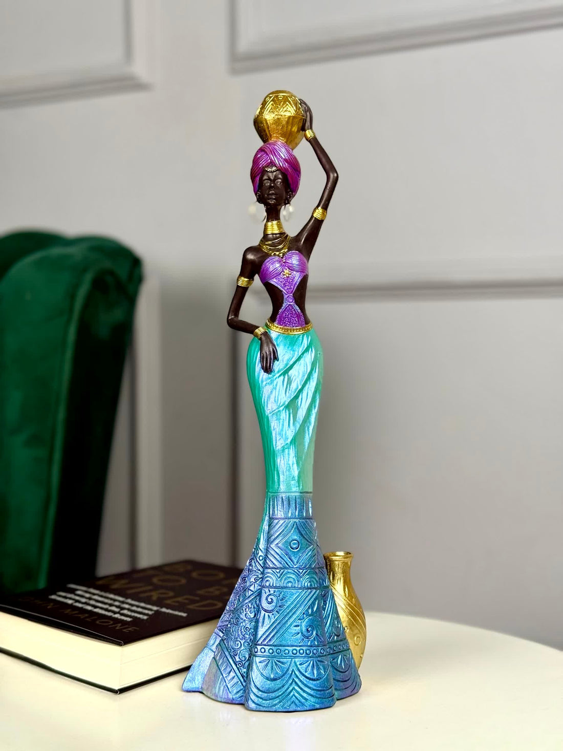 High Objects African Lady Elegance showpiece, turquoise, violet, gold, holding pot on head, 17-inch sculpture