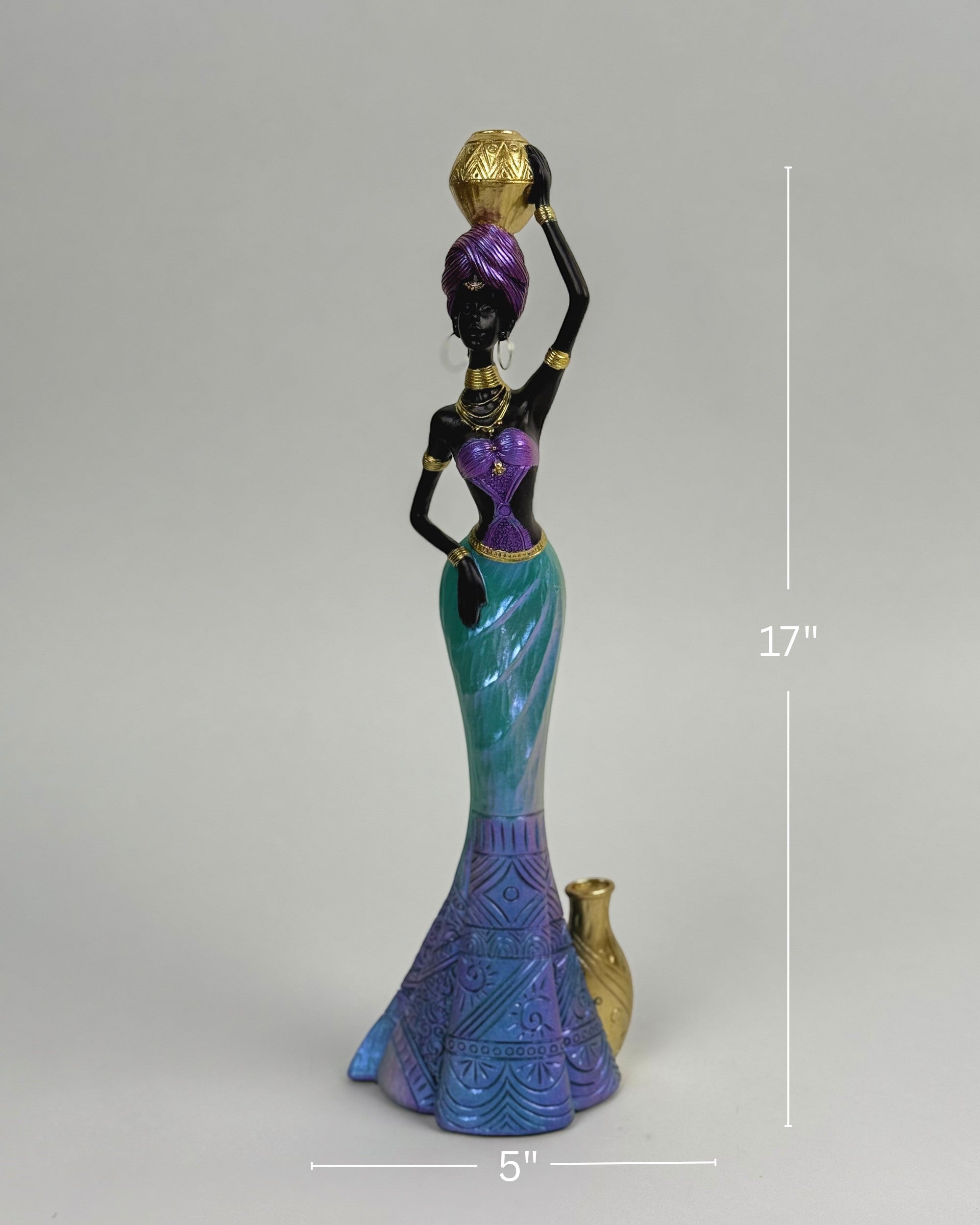 High Objects African Lady Elegance showpiece, 17-inch sculpture of a woman in turquoise, violet, and gold gown holding a pot.