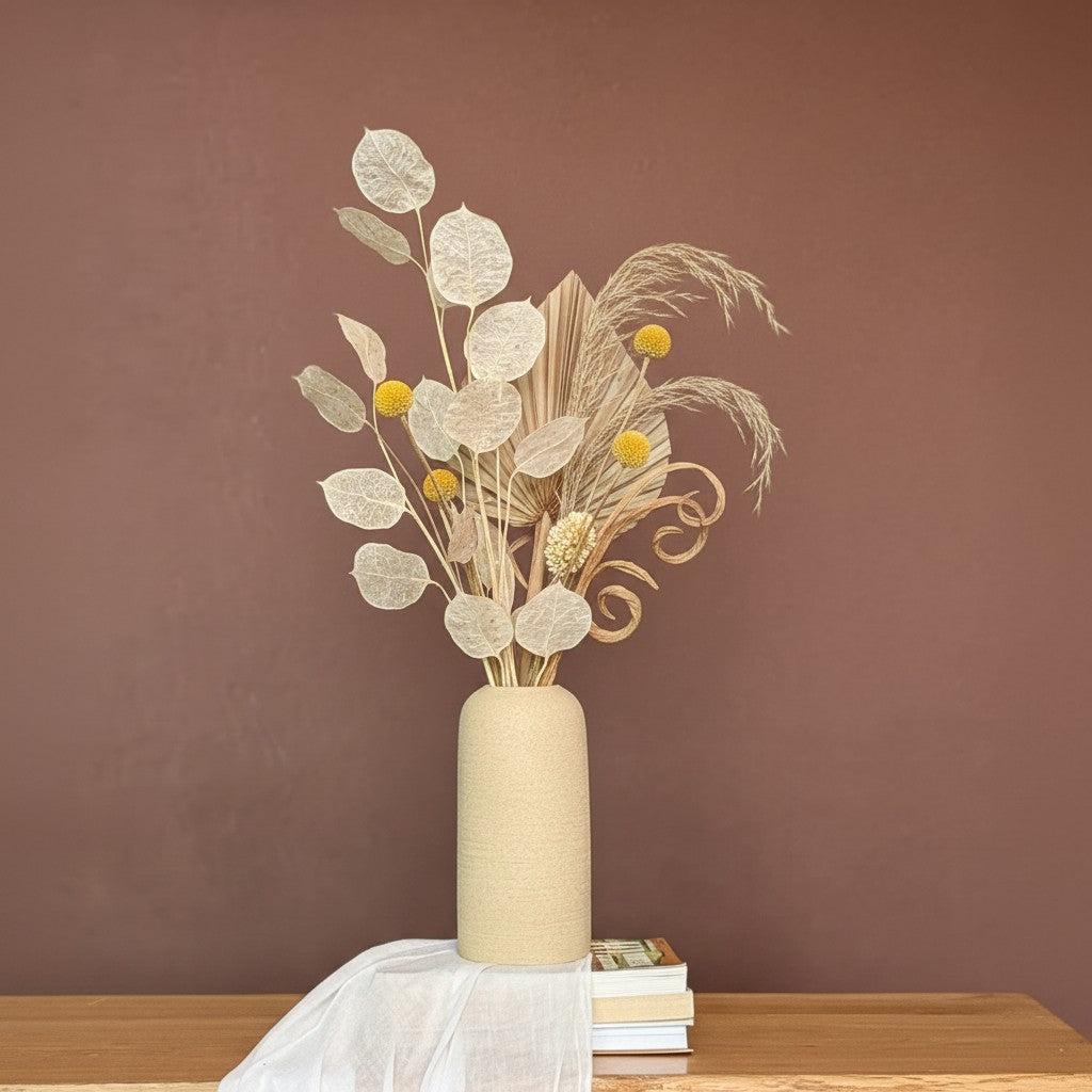 High Objects Altura Earthtone Clay Vase, tall cylindrical vase with matte finish, holding dried eucalyptus and pampas grass.