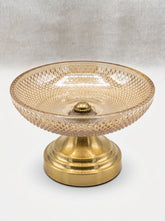 High Objects amber glass bowl with diamond pattern and brass pedestal base