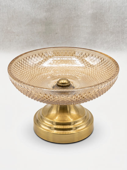 High Objects amber glass bowl with diamond pattern and brass pedestal base