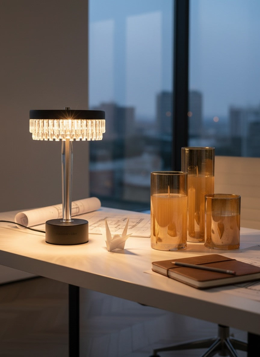 High Objects Ambient Glow Bundle: Crystal Halo Table Lamp with faceted glass and LED candles in amber glass holders.