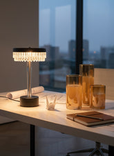 High Objects Ambient Glow Bundle: Crystal Halo Table Lamp with faceted glass and LED candles in amber glass holders.