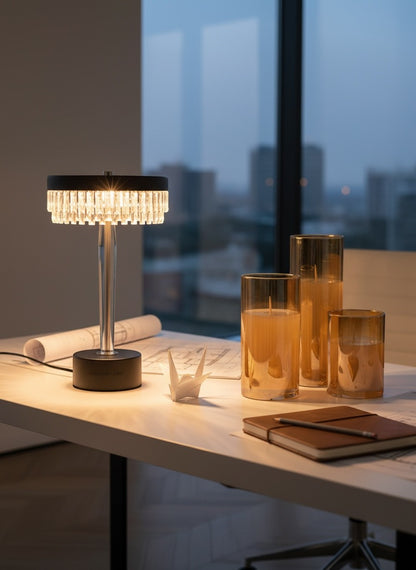 High Objects Ambient Glow Bundle: Crystal Halo Table Lamp with faceted glass and LED candles in amber glass holders.