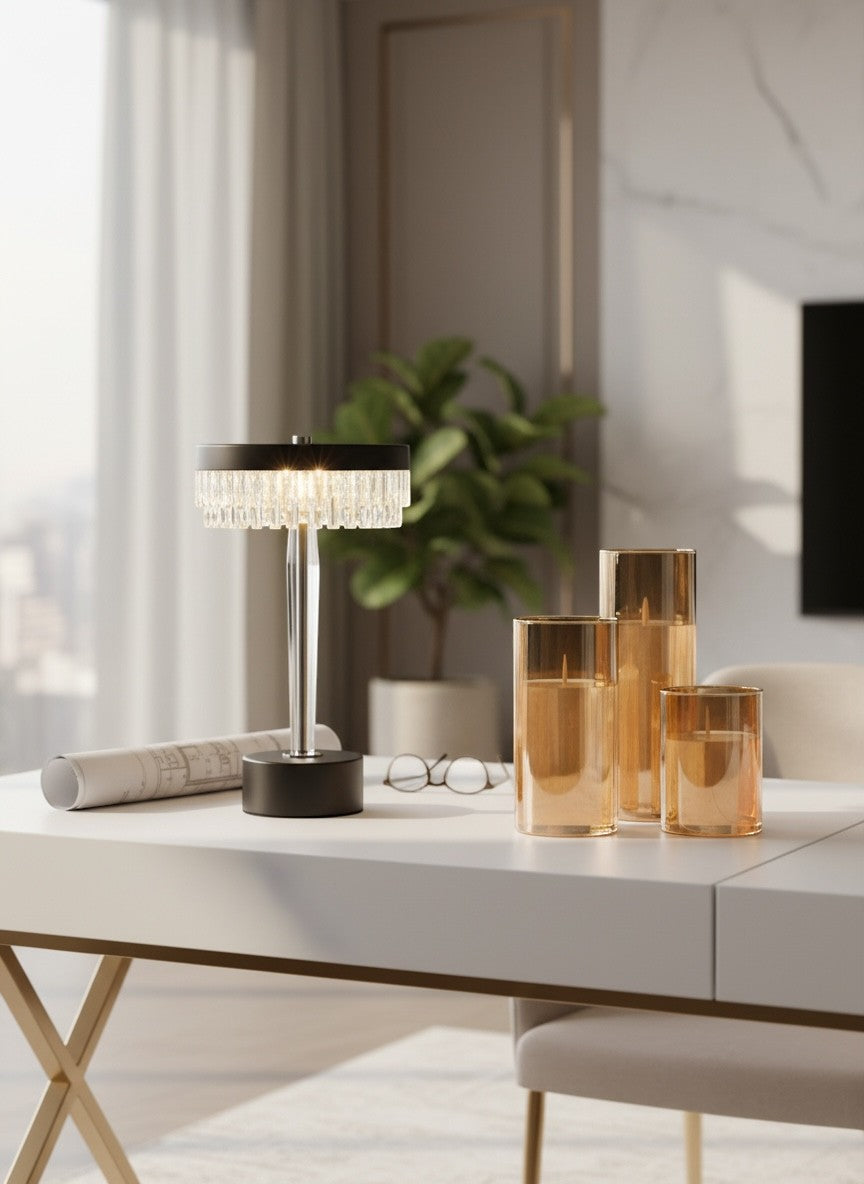 High Objects Ambient Glow Bundle: Crystal Halo Table Lamp with tiered crystal shade and Lumiglass LED candles in amber glass holders.