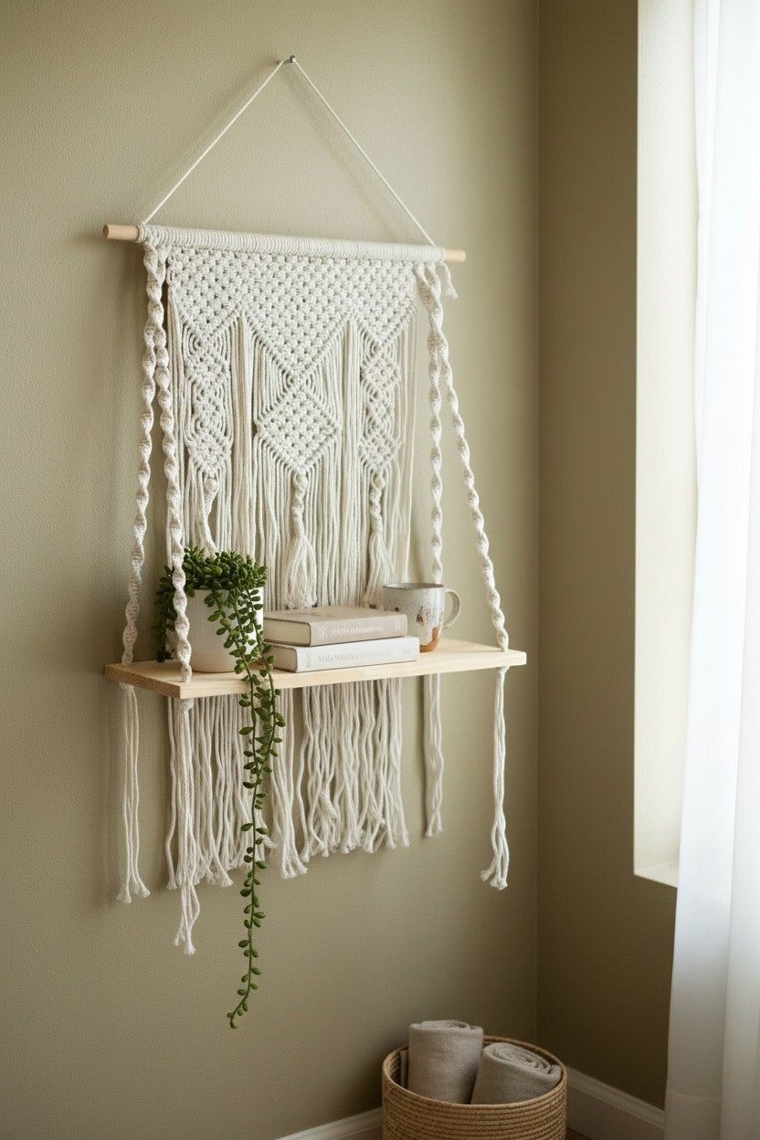 High Objects Anya Macramé Floating Pavilion shelf with ivory cotton cord, wood, and decorative fringe. Holds books and a plant.