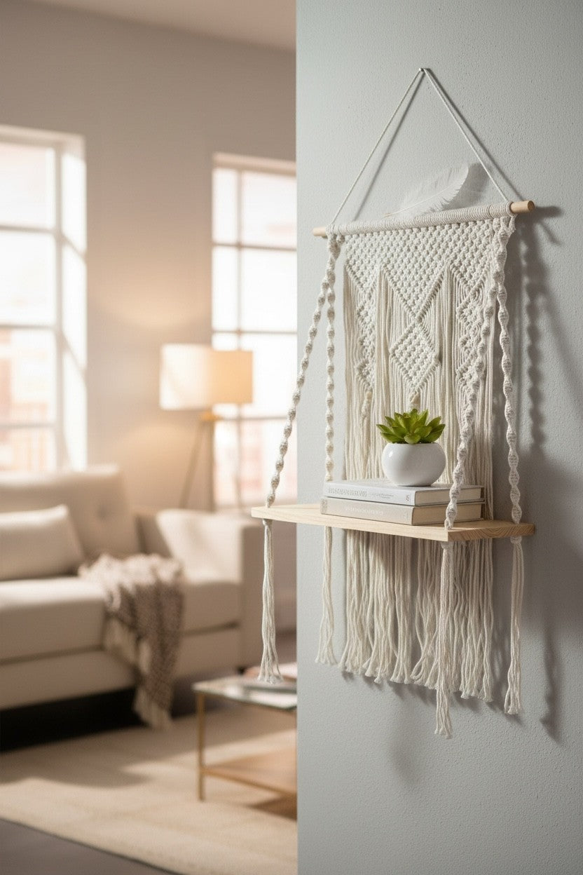 High Objects Anya Macramé Floating Pavilion shelf with ivory cotton cord, wood platform, and decorative fringe. Holds books and a plant.