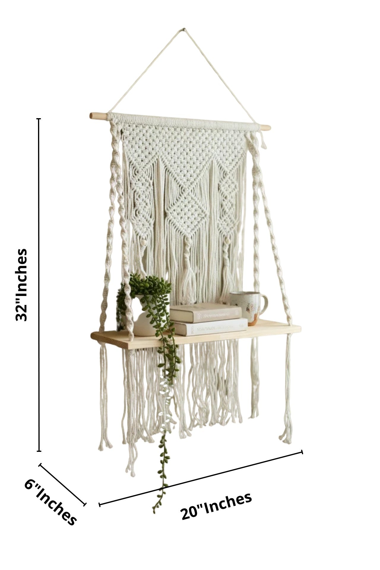 High Objects Anya Macramé Floating Pavilion shelf with ivory cotton cord, natural wood, and boho design. Measures 32" H x 20" W x 6" D.