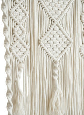 High Objects Anya Macramé Floating Pavilion shelf with ivory cotton cord, wood platform, and boho fringe detail.