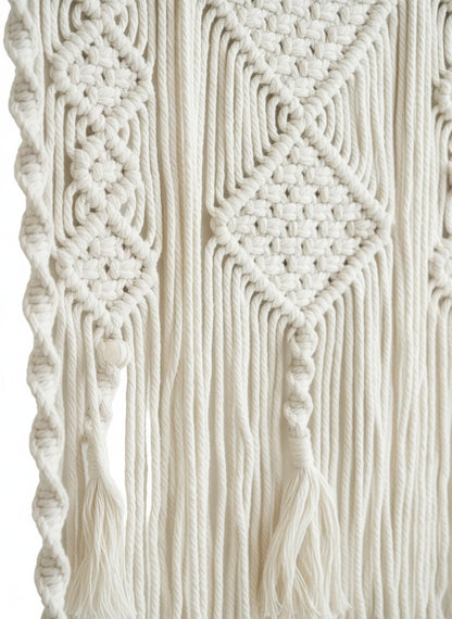 High Objects Anya Macramé Floating Pavilion shelf with ivory cotton cord, wood platform, and boho fringe detail.