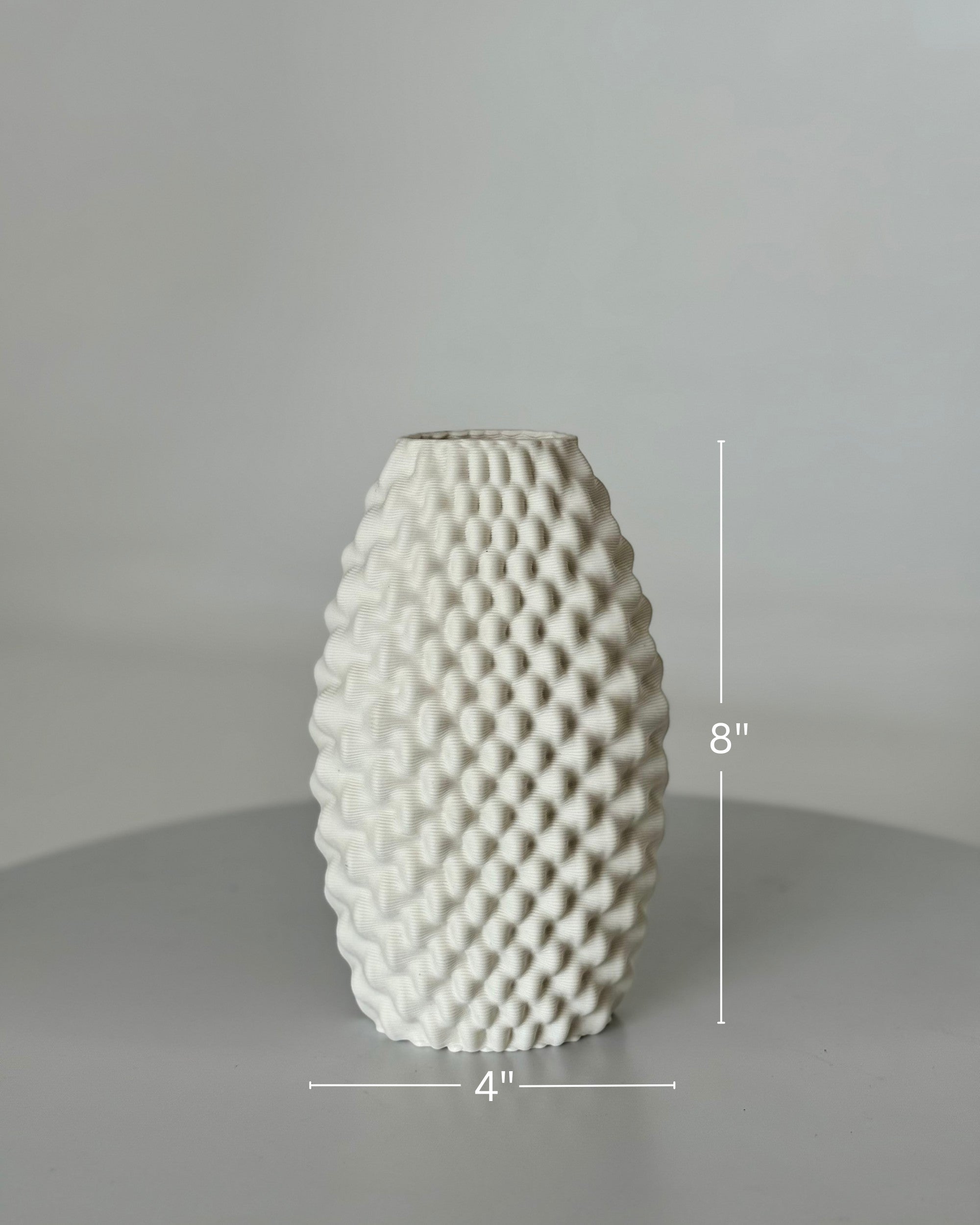 High Objects Arisca Vase, white ceramic with textured wave pattern, 8" H x 4" W, 3D printed modern art object.