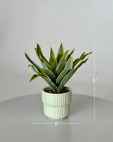 High Objects Artificial Dracaena Lemon Lime Plant with striped green and yellow leaves in a light green ribbed ceramic pot.