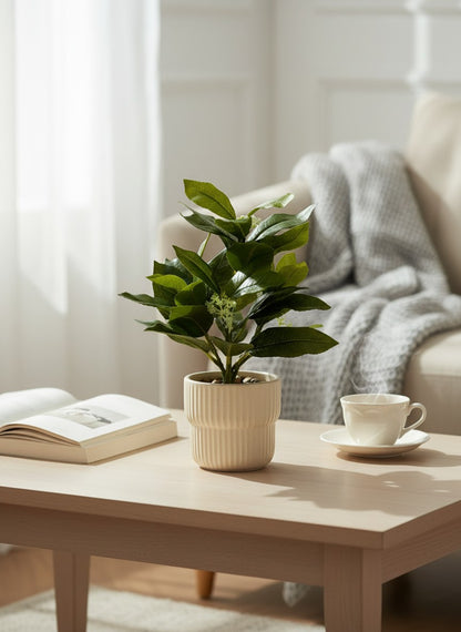 High Objects artificial classic dracaena leaf plant in a ribbed cream pot, 11 inches tall.