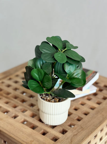 High Objects Artificial Ficus Lyrata Green Leaf Plant in a ribbed white planter with pebble top.