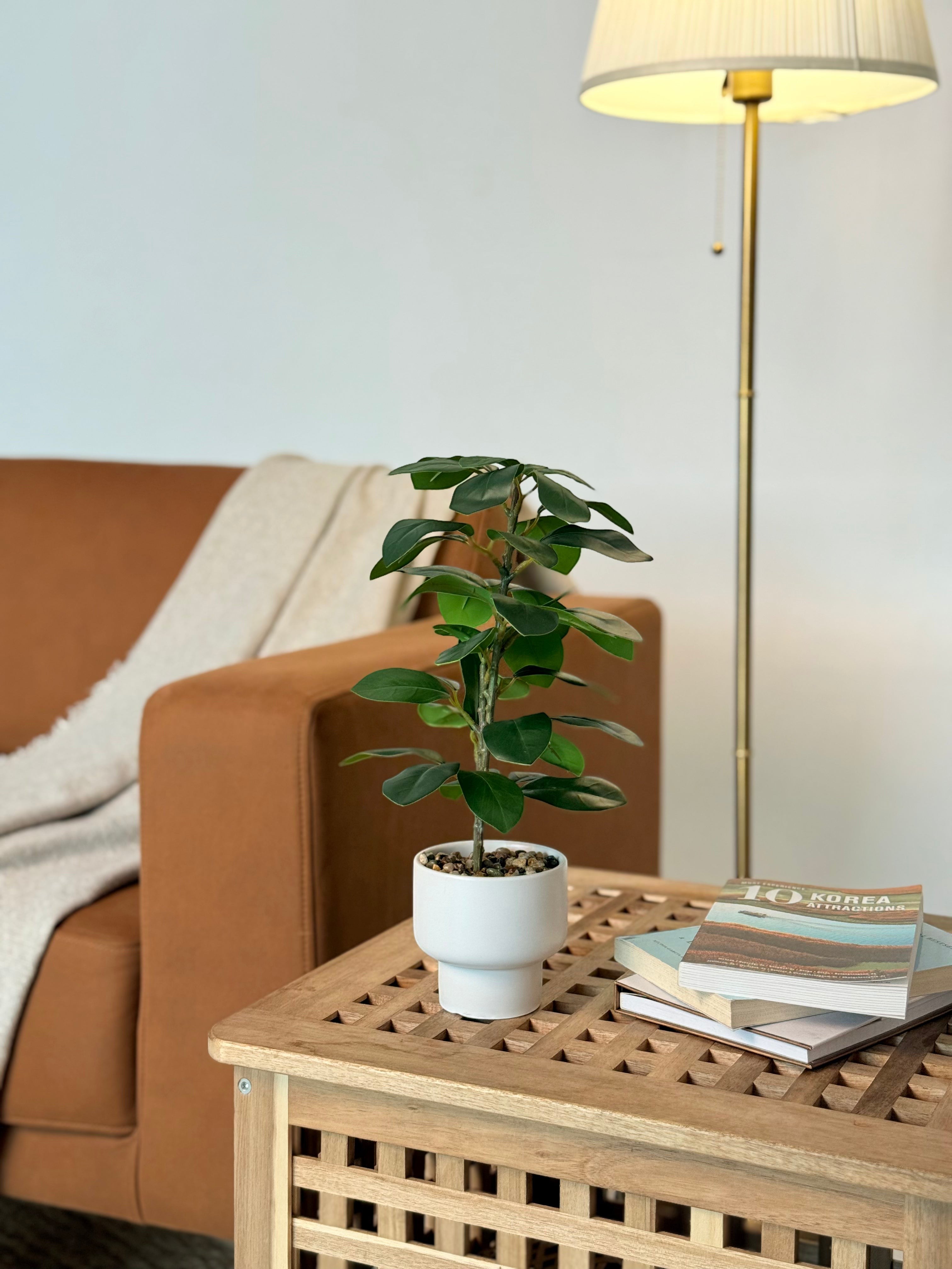 High Objects Artificial Green Rubber Leaf Plant in a white ceramic pot, featuring broad, deep-green leaves and realistic veining.