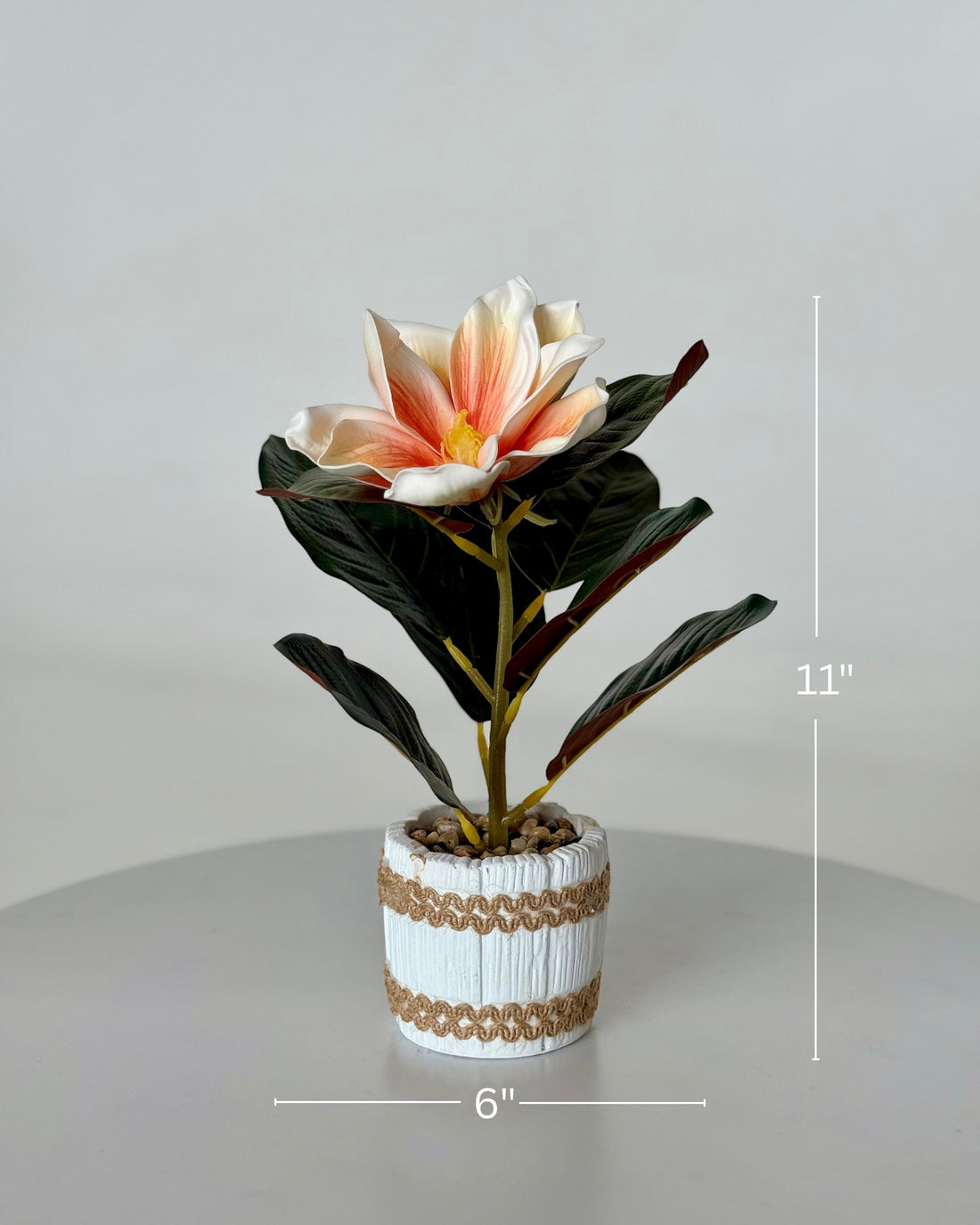 High Objects artificial lily plant with peach and white bloom, dark green leaves, in a white striped ceramic pot with pebbles. 11" H x 6" W.