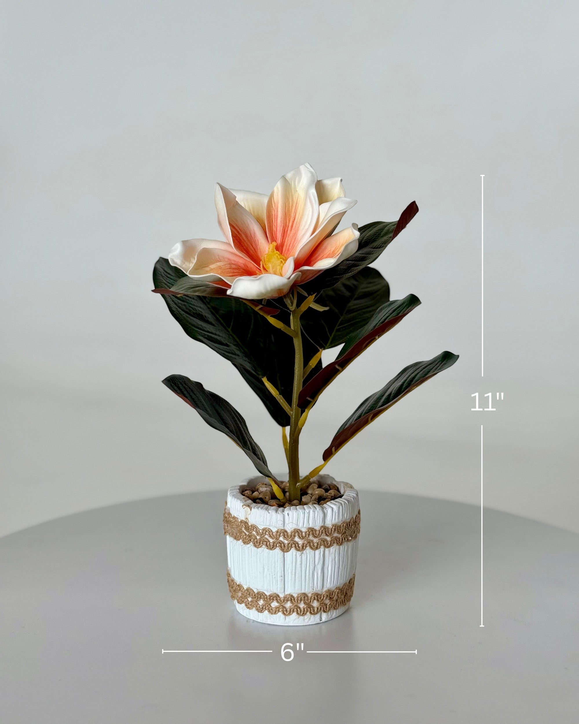 High Objects artificial lily plant with peach and white bloom, dark green leaves, in a white striped ceramic pot with pebbles. 11" H x 6" W.