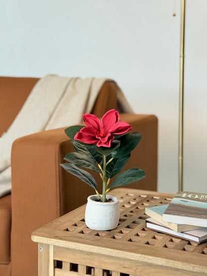 High Objects artificial red lily plant with green leaves in a white textured pot with pebbles. Realistic decor.
