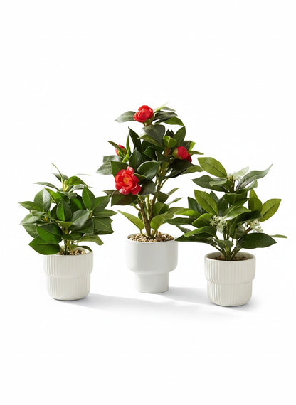 High Objects Artificial Plant Trio bundle with Dracaena, Camellia, and Jasmine plants in white pots on a wooden table.