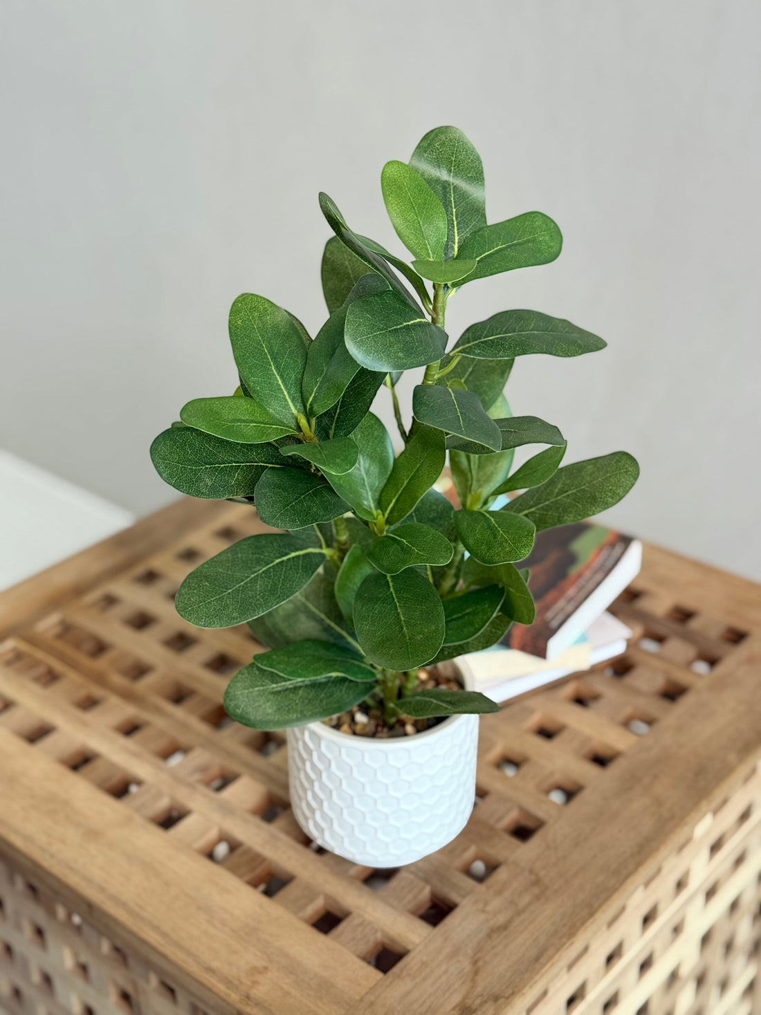 High Objects Artificial Mini Rubber Leaf Plant in a white honeycomb ceramic pot with lush green leaves.