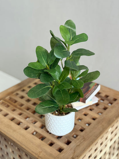 High Objects Artificial Mini Rubber Leaf Plant in a white honeycomb ceramic pot with lush green leaves.