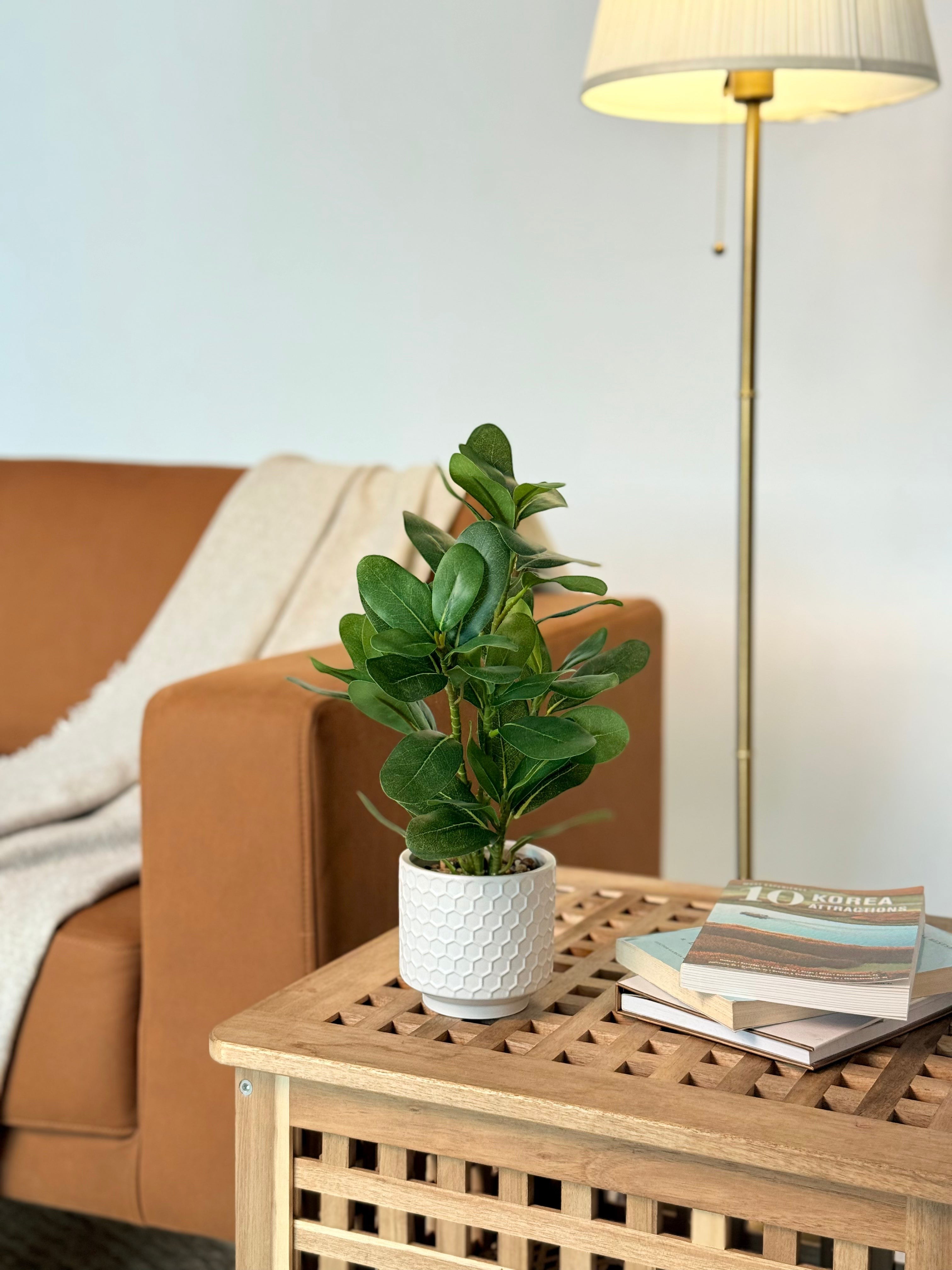 High Objects Artificial Mini Rubber Leaf Plant in a white honeycomb ceramic pot, lush green leaves, perfect for desks and shelves.