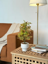 High Objects Artificial Variegated Rubber Plant with green, yellow, and red leaves in a white ceramic pot.