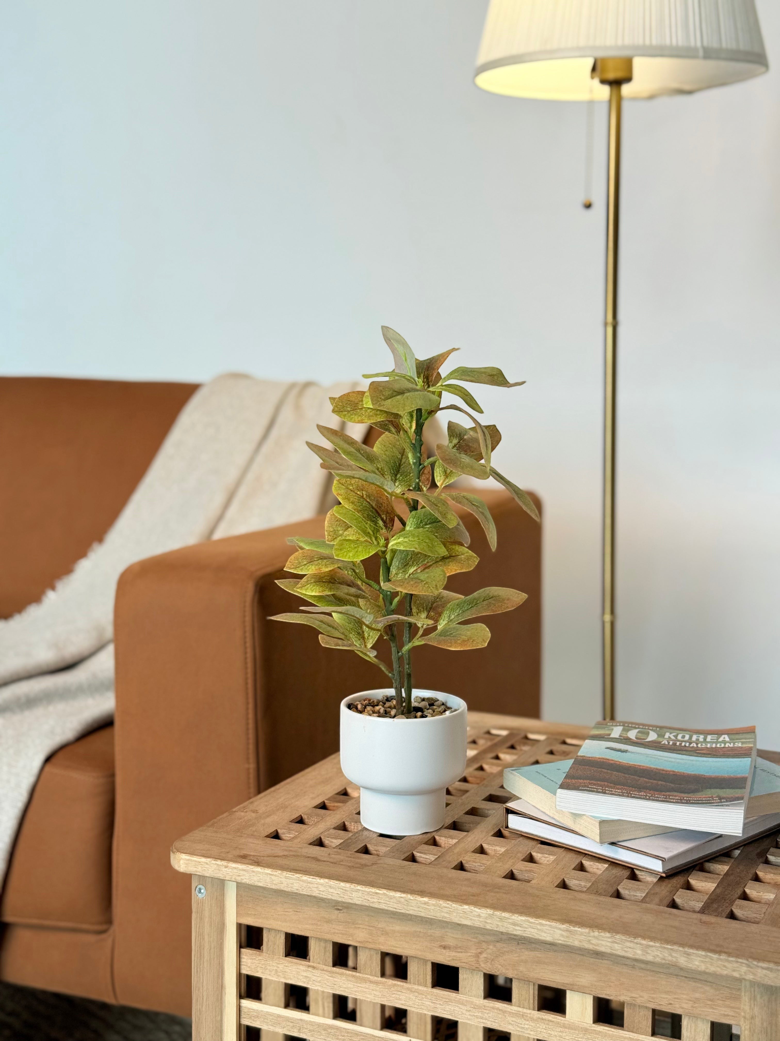 High Objects Artificial Variegated Rubber Plant with green, yellow, and red leaves in a white ceramic pot.