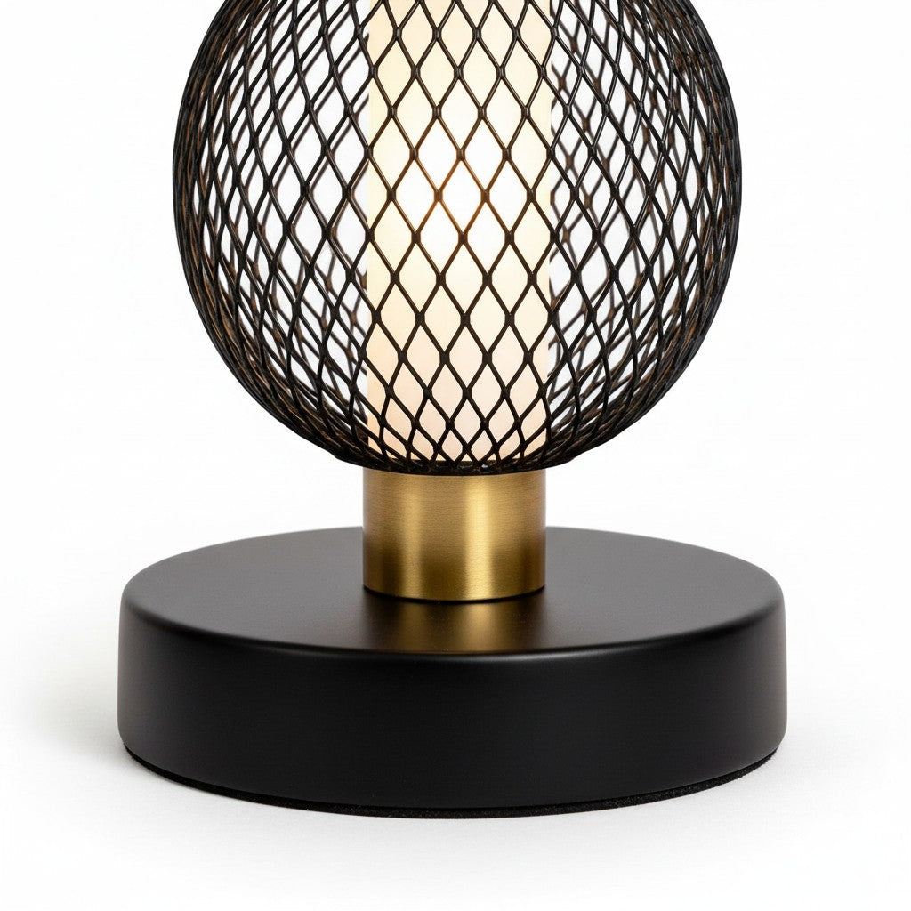 High Objects Atlas Mesh Column Table Lamp with stacked black mesh sphere and cylinder shades, brushed gold accents, and black base.