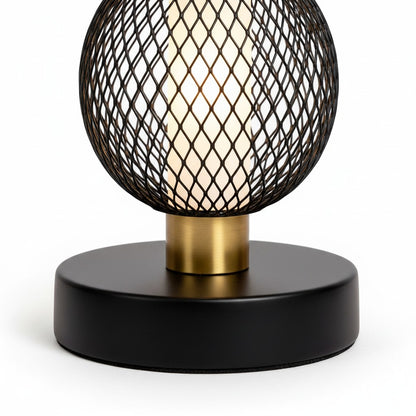 High Objects Atlas Mesh Column Table Lamp with stacked black mesh sphere and cylinder shades, brushed gold accents, and black base.