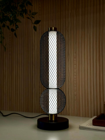 High Objects Atlas Mesh Column Table Lamp with stacked sphere and cylinder shades, brushed gold accents, and black base.