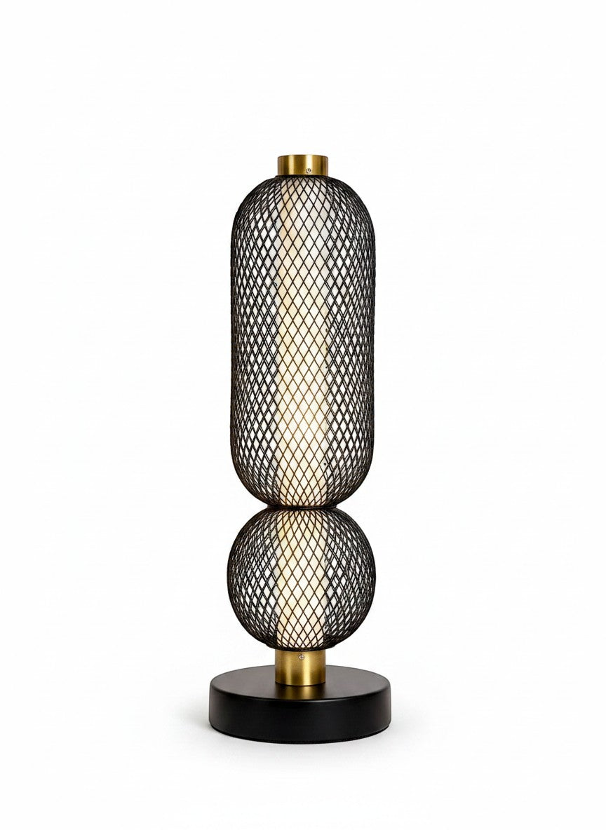 High Objects Atlas Mesh Column Table Lamp with stacked sphere and cylinder shades, brushed gold accents, and black base.