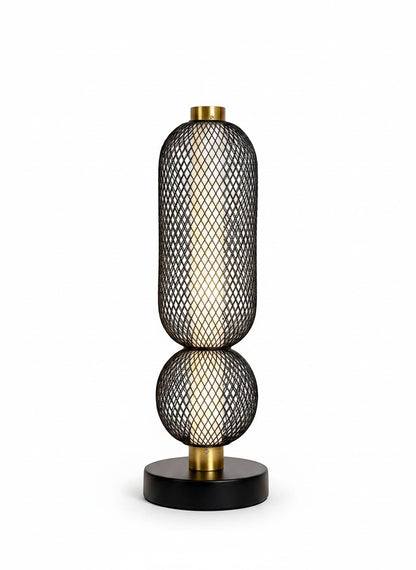 High Objects Atlas Mesh Column Table Lamp with stacked sphere and cylinder shades, brushed gold accents, and black base.