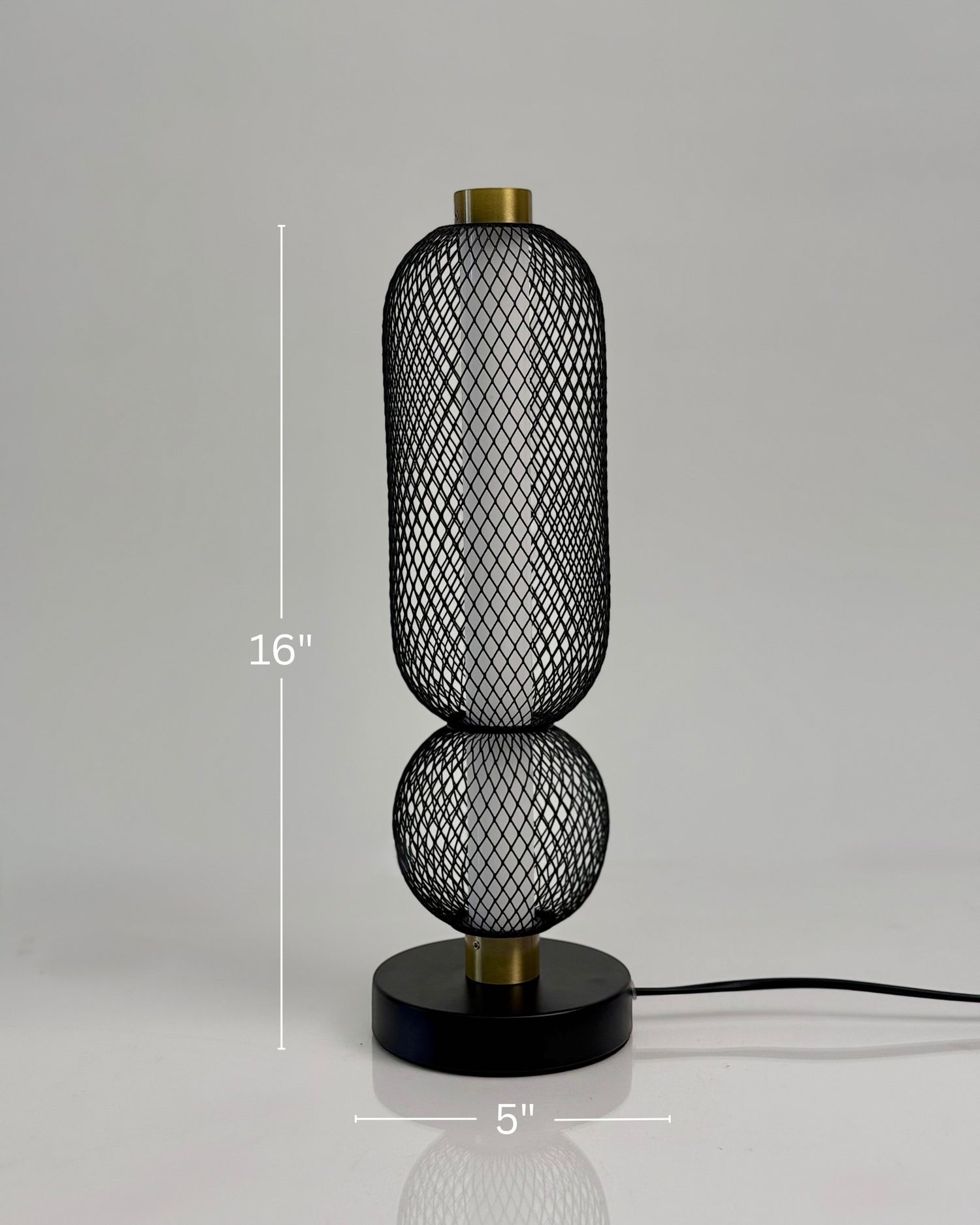 High Objects Atlas Mesh Column Table Lamp with stacked sphere and cylinder shades, brushed gold accents, and black base.
