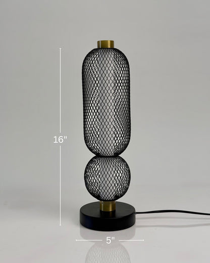 High Objects Atlas Mesh Column Table Lamp with stacked sphere and cylinder shades, brushed gold accents, and black base.