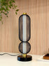 High Objects Atlas Mesh Column Table Lamp with black mesh sphere and cylinder shades, brushed gold accents, and black base.