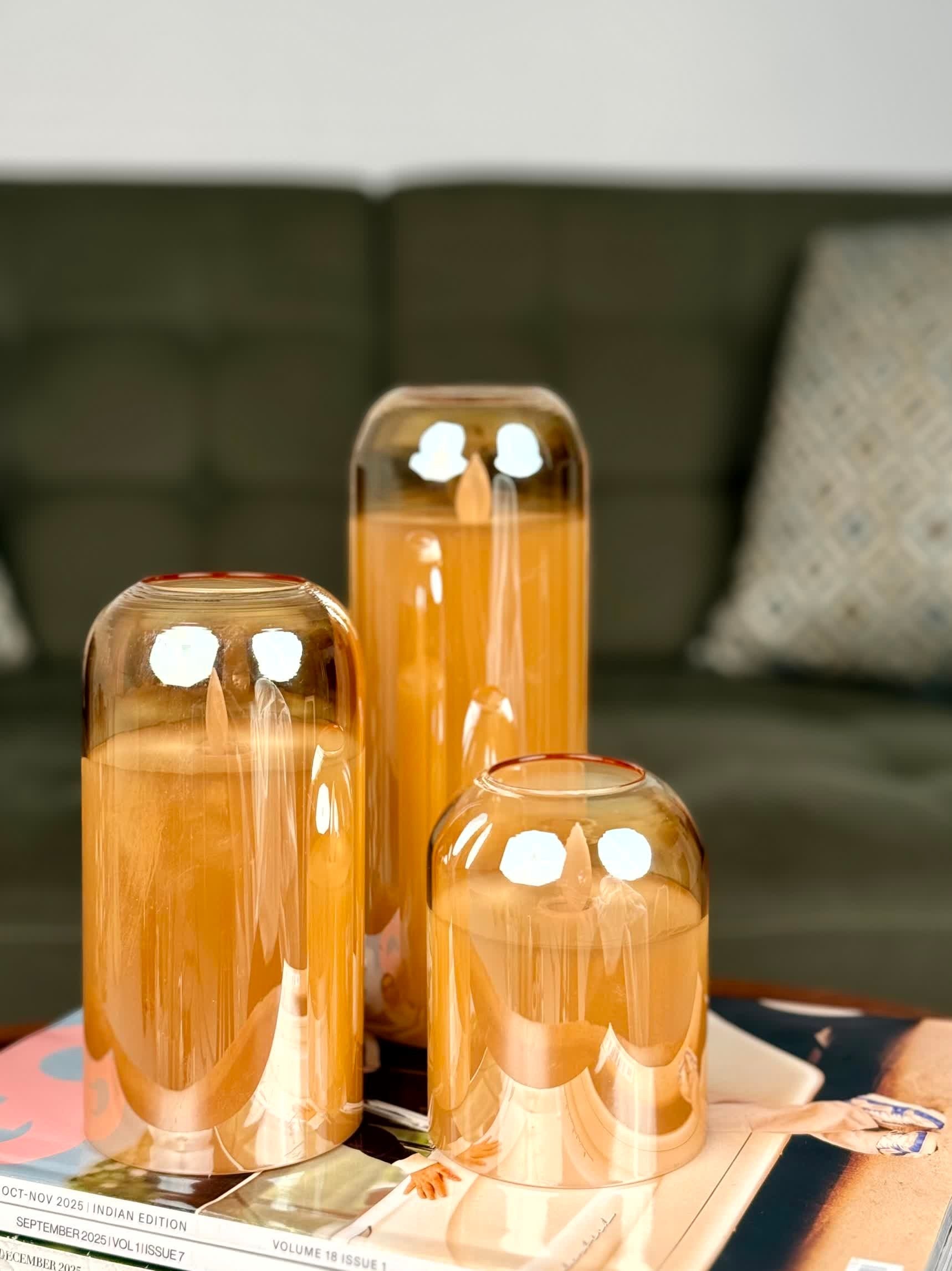 High Objects Aureaglow LED Candle Collection, amber glass dome, flickering LED flame, set of 3 decorative accent candles.