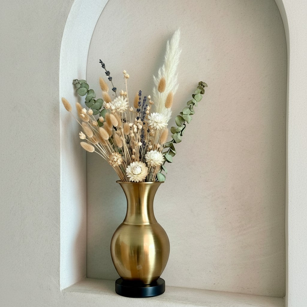 High Objects Aurelia Vase: brushed gold metallic vase with black base, featuring a dried floral arrangement.