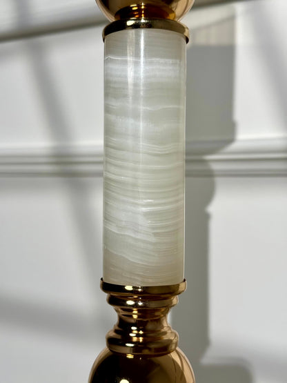 High Objects Aurora Column Candle Stand Set, white marble column with gold accents and glass candle holder.