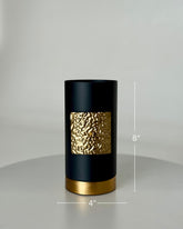High Objects Aurum Noir matte black cylindrical vase with textured gold band and base, 8" H x 4" W.