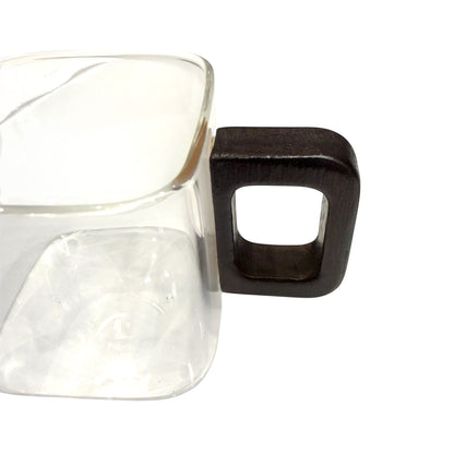 High Objects AXISFORM™ square glass cup with a dark wood geometric handle. Set of 6.